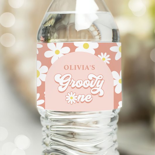 Groovy One Boho Retro Daisy 1e verjaardag Waterfles Etiket