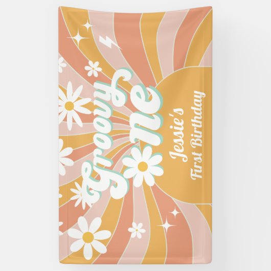 Groovy One Boho Retro Daisy Sunshine 1e Verjaardag Spandoek (Verticaal)