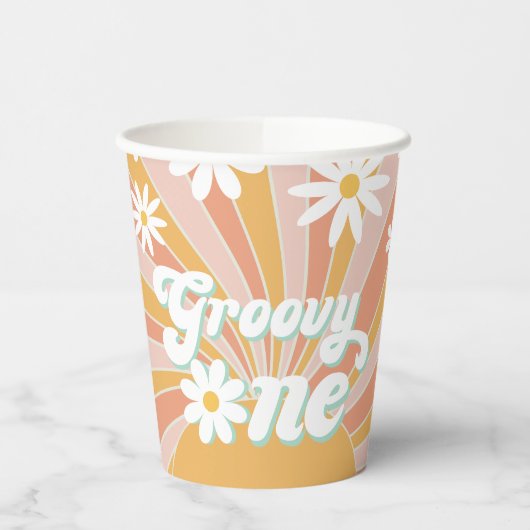 Groovy One Boho Retro Daisy Sunshine Floral Papieren Bekers (Links)