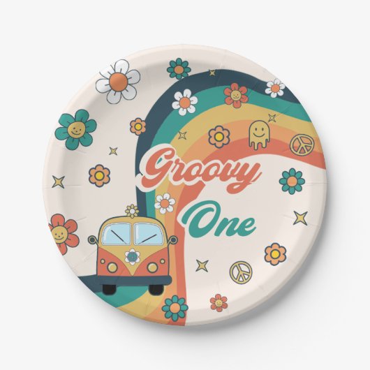 Groovy One Boho Retro Regenboog Verjaardagsfeest Papieren Bordje (Voorkant)