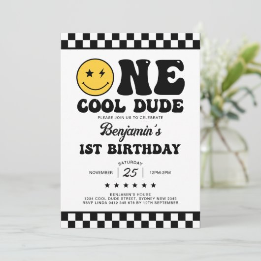Groovy One Cool Dude Boy 1e verjaardagsfeestje Kaart (Staand voorkant)