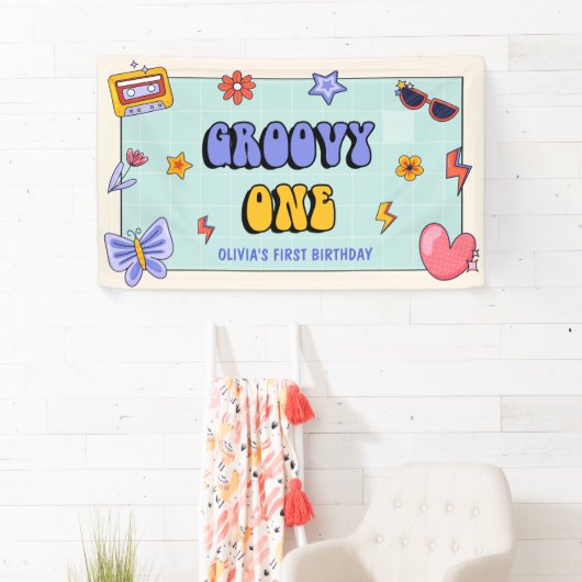 Groovy One Hippie Retro Verjaardagsfeestje Spandoek (Insitu)