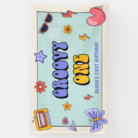 Groovy One Hippie Retro Verjaardagsfeestje Spandoek (Verticaal)