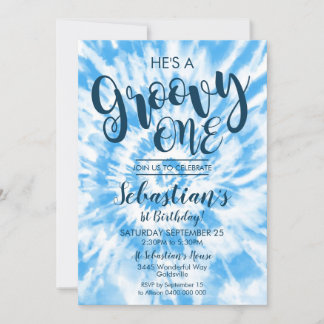 Groovy One Party Invitation Hippy Tie Dye Boy Kaart
