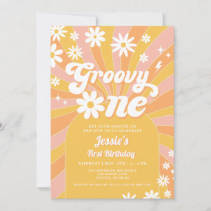 Groovy One Pink Daisy Sunshine 70's 1e Verjaardag Kaart