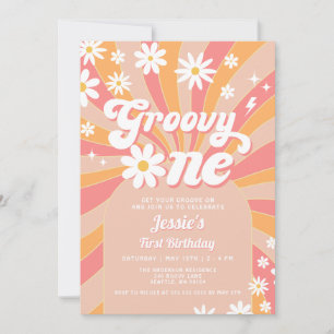 Groovy One Pink Daisy Sunshine Retro 1e Verjaardag Kaart
