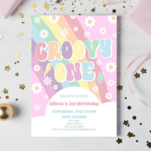Groovy One Rainbow Daisy Retro 1e verjaardagsfeest Kaart