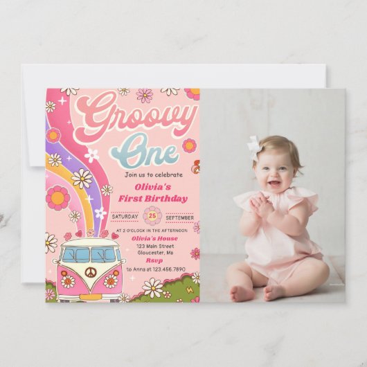 Groovy One Regenboog Bloemen 1e Verjaardagsfeestfo Kaart (Voorkant)