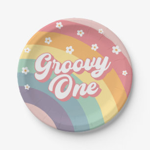Groovy One Retro 70s Rainbow Daisy 1e verjaardag Papieren Bordje