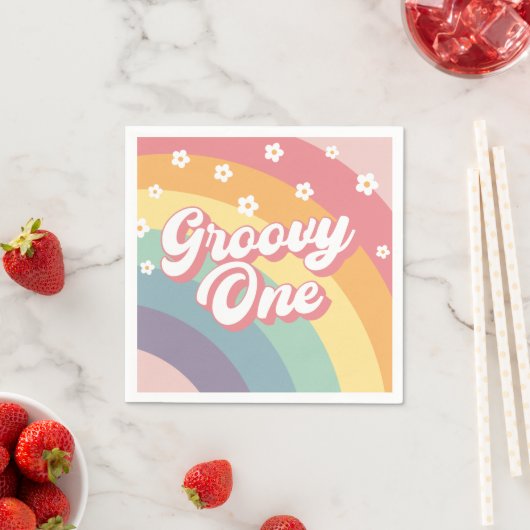 Groovy One Retro 70s Rainbow Daisy 1e verjaardag Servet (Insitu)