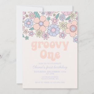 Groovy One Retro Bloemen 1e verjaardagsuitnodiging Kaart