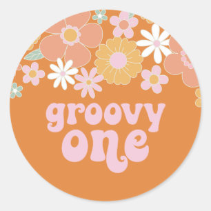 Groovy One Retro Bloemige Verjaardagsbanner Ronde Sticker