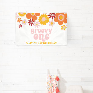 Groovy One Retro Bloemige Verjaardagsbanner Spandoek