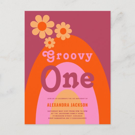 Groovy One Retro Boho 1e verjaardagsfeestje Uitnodiging Briefkaart (Voorkant)