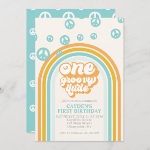 Groovy One Retro Boy First Birthday Invitation Kaart