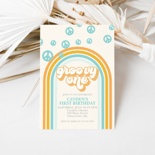 Groovy One Retro Boy First Birthday Invitation Kaart