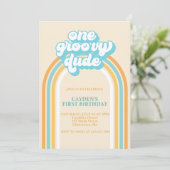Groovy One Retro Boy First Birthday Invitation Kaart (Staand voorkant)