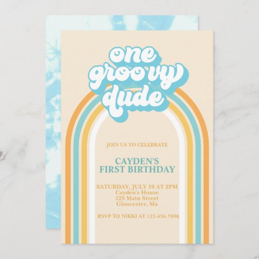 Groovy One Retro Boy First Birthday Invitation Kaart (Voorkant / Achterkant)