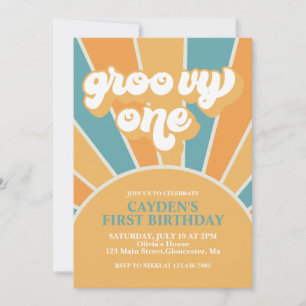 Groovy One Retro Boy First Birthday Kaart