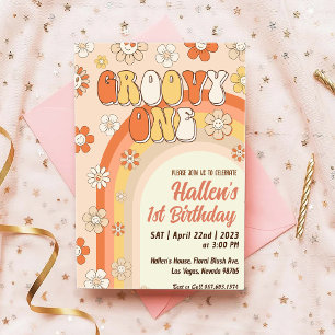 Groovy One Retro Daisy Rainbow First Birthday Kaart