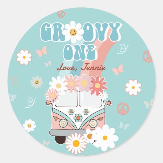 Groovy One Retro Daisy Rainbow First Birthday Ronde Sticker (Voorkant)