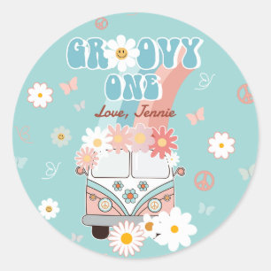 Groovy One Retro Daisy Rainbow First Birthday Ronde Sticker