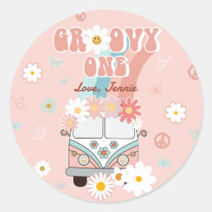 Groovy One Retro Daisy Rainbow First Birthday Ronde Sticker