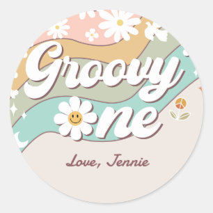 Groovy One Retro Daisy Rainbow First Birthday Ronde Sticker