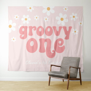 Groovy One Retro Daisy Roze 1e Verjaardag Banner Wandkleed