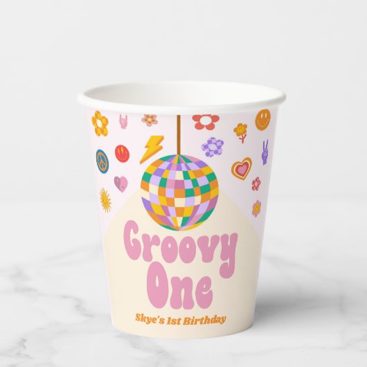 Groovy One Retro Disco Ball 1e Verjaardagsfeest Papieren Bekers (Voorkant)