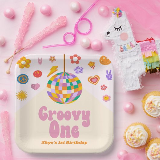 Groovy One Retro Disco Ball 1e Verjaardagsfeest Papieren Bordje (Feest)