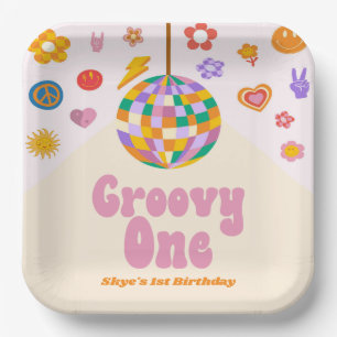 Groovy One Retro Disco Ball 1e Verjaardagsfeest Papieren Bordje