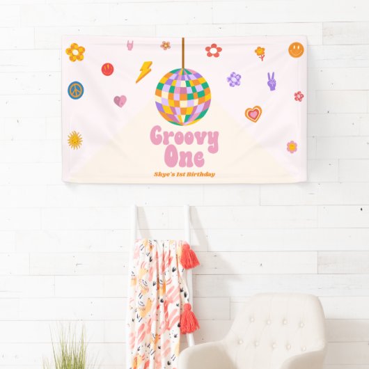 Groovy One Retro Disco Ball 1e Verjaardagsfeest Spandoek (Insitu)
