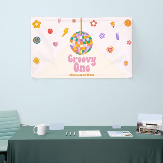 Groovy One Retro Disco Ball 1e Verjaardagsfeest Spandoek (Beurs)