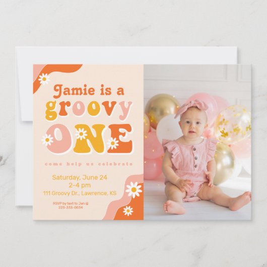 Groovy One Retro First Birthday Photo Invitation Kaart (Voorkant)
