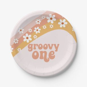 Groovy One Retro Madeliefje Boho Regenboog Papiere Papieren Bordje