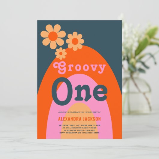 Groovy One Retro Meisjes 1e Verjaardagsfeest Kaart (Staand voorkant)