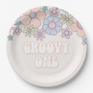 Groovy One Retro pastel Floral 1 verjaardag Papieren Bordje