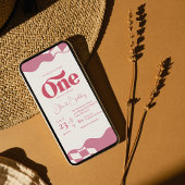 Groovy One Retro Pink Checkered 1st Birthday Invit Kaart