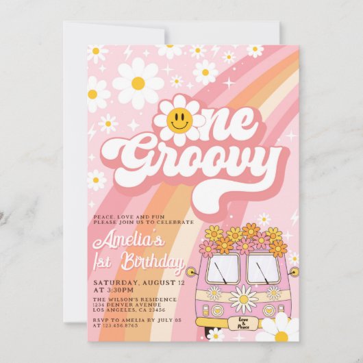 Groovy One Retro Pink Daisy 1e verjaardag Kaart (Voorkant)
