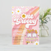 Groovy One Retro Pink Daisy 1e verjaardag Kaart (Staand voorkant)