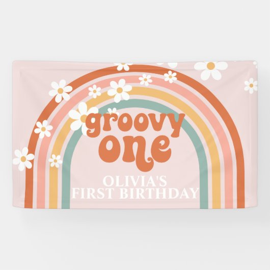 Groovy One Retro Rainbow Daisy Birthday Banner (Horizontaal)