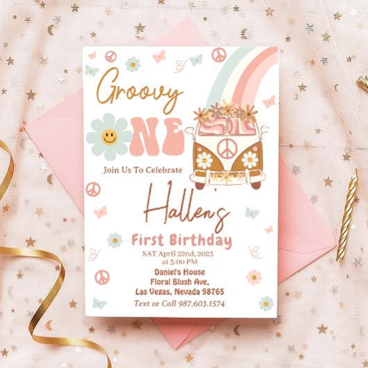 Groovy One Retro Rainbow First Birthday Kaart