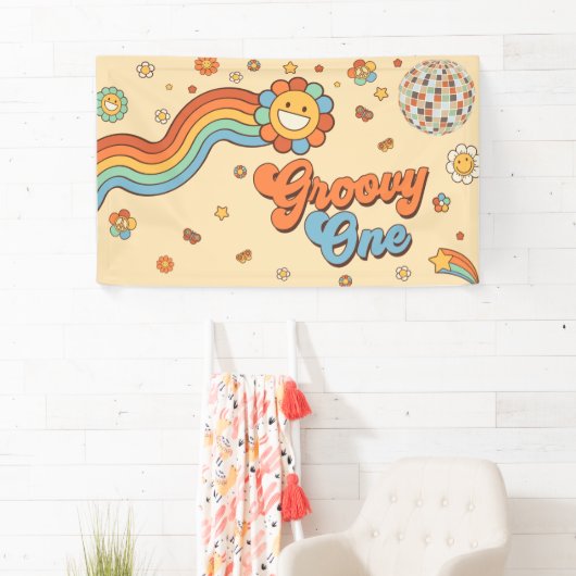 Groovy One Retro Regenboog 1e Verjaardagsfeest Spandoek (Insitu)