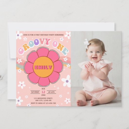 Groovy One Retro Regenboog 1e Verjaardagsfeestfoto Kaart (Voorkant)