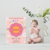 Groovy One Retro Regenboog 1e Verjaardagsfeestfoto Kaart (Staand voorkant)