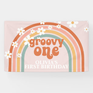 Groovy One Retro Regenboog Madelief Verjaardagsban Spandoek