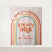 Groovy One Retro Regenboog Madelief Verjaardagsban Wandkleed (Voorkant)