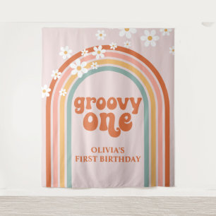 Groovy One Retro Regenboog Madelief Verjaardagsban Wandkleed