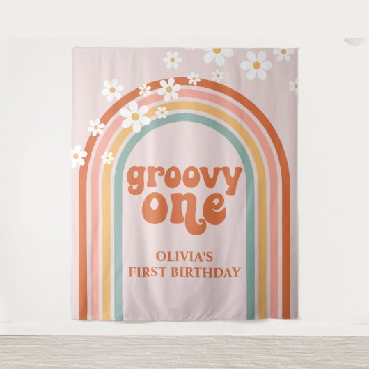 Groovy One Retro Regenboog Madelief Verjaardagsban Wandkleed (Voorkant)